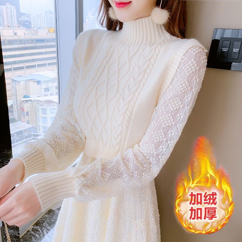 2025秋冬季新款时尚气质针织打底连衣裙蕾丝加厚加绒收腰显瘦打底