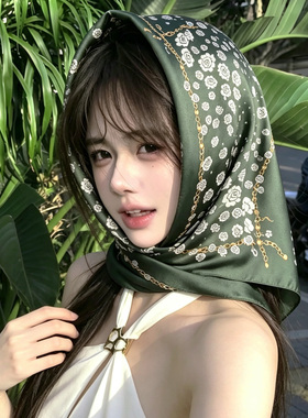 复古墨绿色小方巾丝巾女百搭