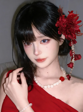 超仙红色花朵流苏发夹