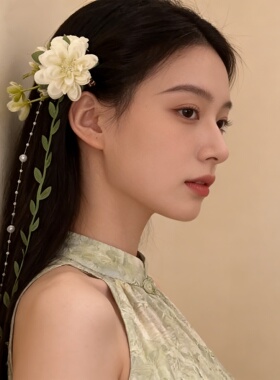 新中式仿真绢花初春绿色花朵发夹