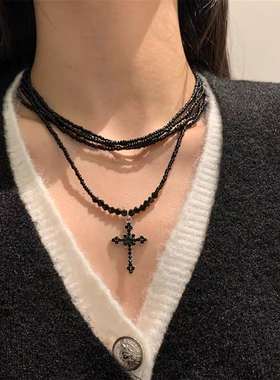 甜酷辣妹风黑色十字叠戴项链颈链
