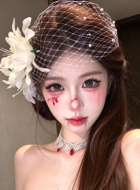 法式白色大花朵面纱仿珍珠发夹女