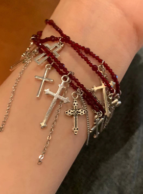 万圣节十字流苏红色串珠手链项链