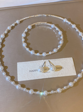 法式复古满钻仿珍珠耳环项链套装