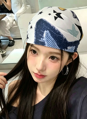 美式潮酷嘻哈蓝色星星头巾女款千禧辣妹方巾抹胸y2k丝巾发带发饰