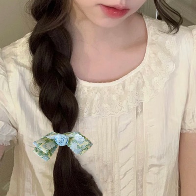 森系少女感蓝绿色碎花蝴蝶结发夹