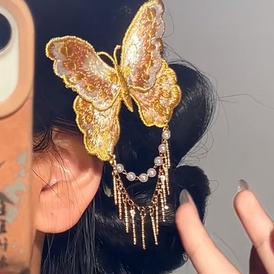 新中式古风金色蝴蝶流苏发夹女