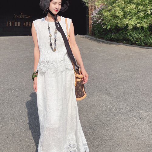 亚麻背心长款裙两件套夏季轻奢