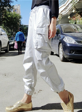 工装裤女宽松bf秋冬季新款显瘦皮裤哈伦裤女宽松休闲pu皮九分裤潮