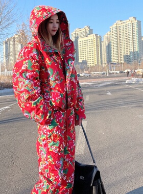 2025年新款羽绒服女款冬季东北大花连帽短款洋气白鸭绒保暖外套潮