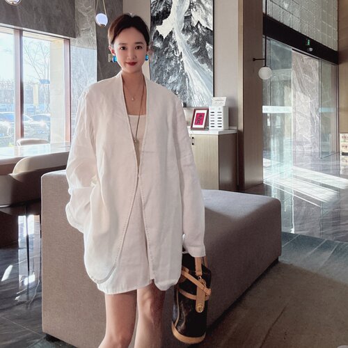 春夏女薄款亚麻无领无扣西装开衫