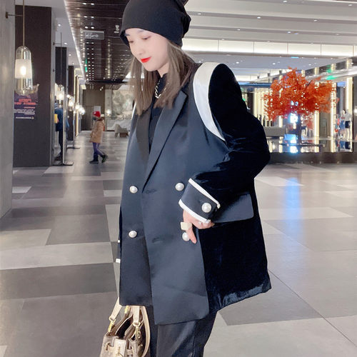 拼丝绒常规时尚显瘦长袖西装