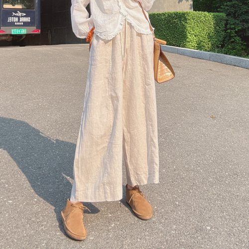 松紧腰九分宽松慵懒风亚麻休闲裤