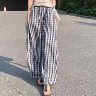 格子裤子女款夏薄款纯棉布宽松休闲裤松弛感小个子巨好看九分裤潮