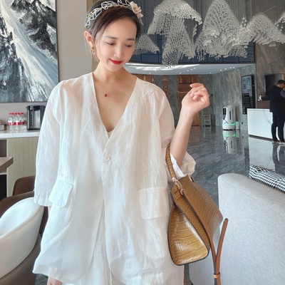 棉麻外套女款夏薄款七分袖V领