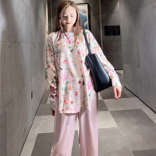 宽松洋气套头长袖真丝花衬衫