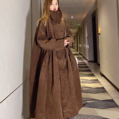 常规立领长款灯芯绒慵懒风风衣