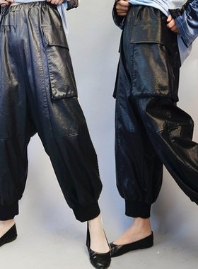 pu皮裤女时尚新款宽松韩版哈伦裤子高腰休闲裤秋冬亚光九分跨裤潮