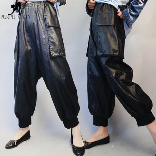 pu皮裤女时尚新款宽松哈伦亚光潮