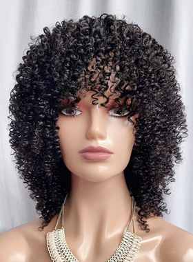 欧美假发女全真发头套小卷Curly human wig蓬松爆炸头跨境黑人女
