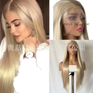 欧美假发 女长发前蕾丝13*4金色长直发合成纤维哑光高温丝全头套