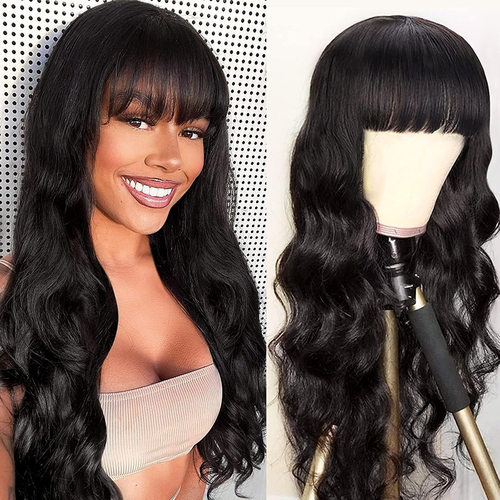 human hair bangs body wigs全真人发假发大波浪齐刘海机制头套