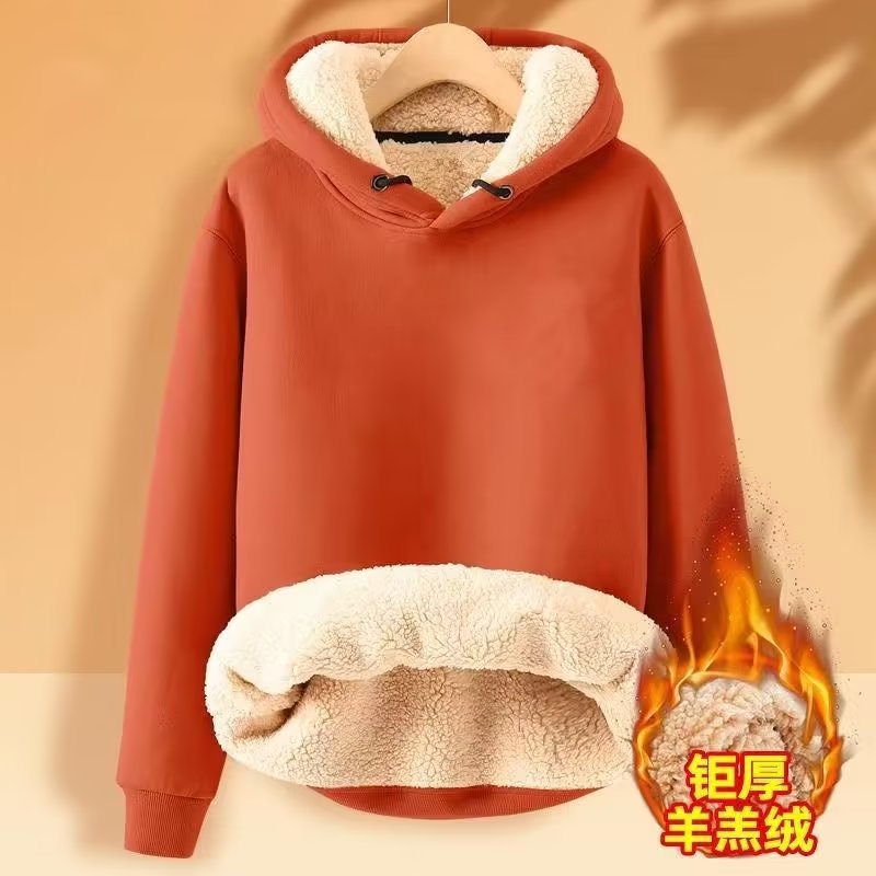 亚马逊情侣加绒加厚保暖宽松学生带帽男士套头潮牌ins羊羔绒外套