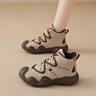 秋冬季 皮面老爹鞋 新款 防水防滑登山单鞋 女鞋 高帮加绒户外运动棉鞋