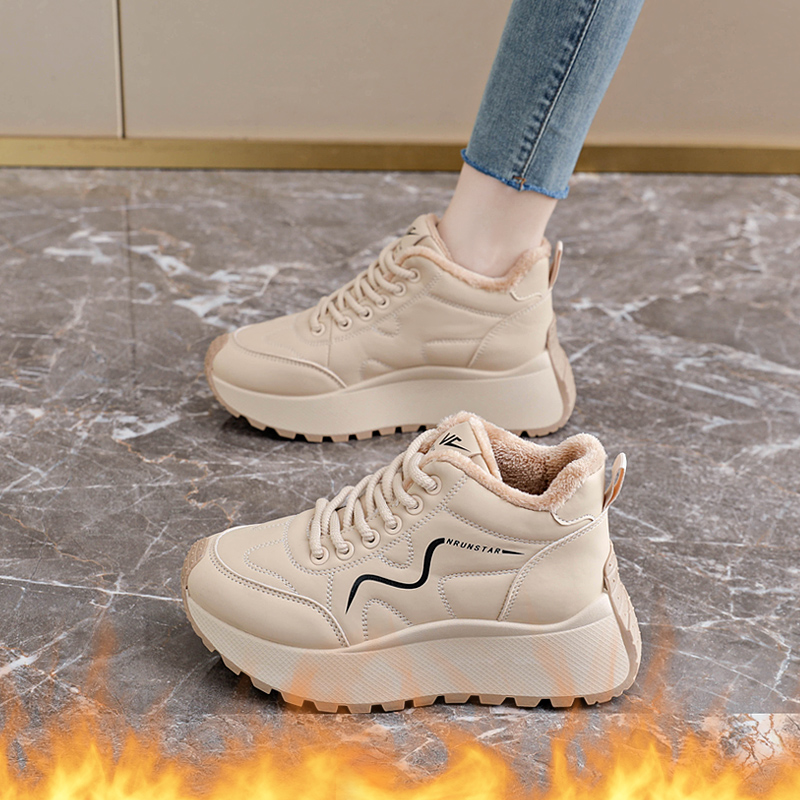加绒运动鞋女冬季2025新款皮面防水防滑老爹鞋保暖棉鞋厚底雪地靴