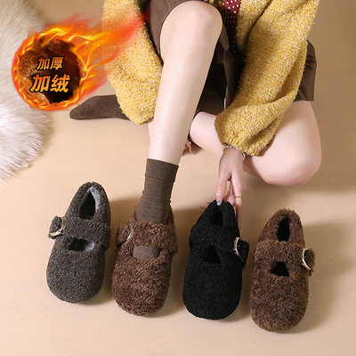 女鞋冬季加绒保暖玛丽珍毛毛鞋复古扣百搭一脚蹬懒人豆豆鞋配裙子