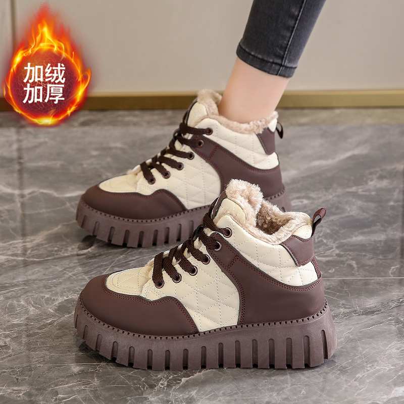 踩屎感加绒高帮运动棉鞋女冬季保暖皮面学生老爹鞋厚底大棉雪地靴