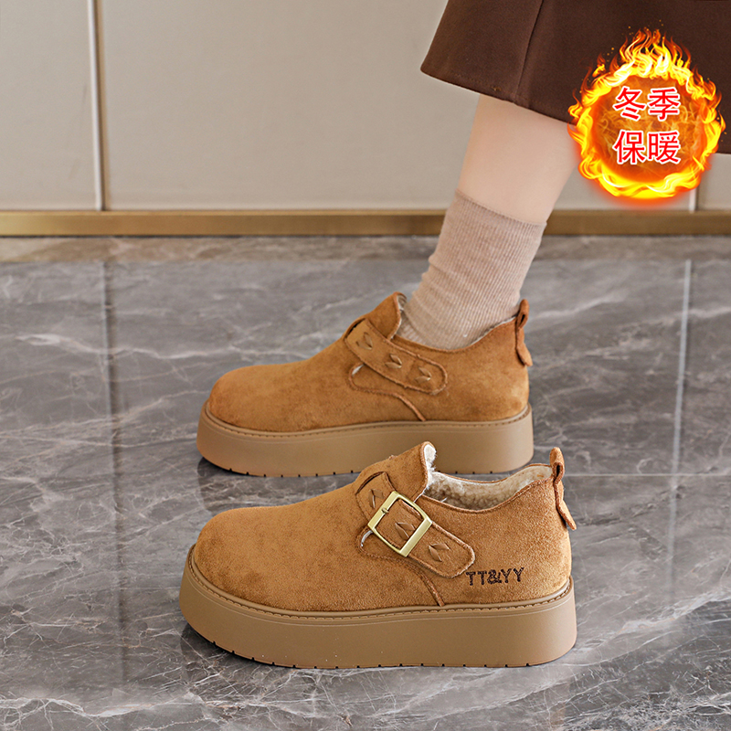 高质感反绒勃肯鞋女冬季加绒软底全包豆豆鞋厚底大头鞋百搭乐福鞋