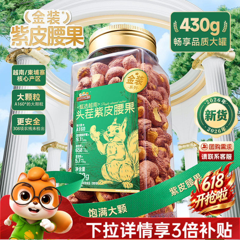 三只松鼠金装越南紫皮腰果430g罐装坚果腰果2026新货休闲健康零食
