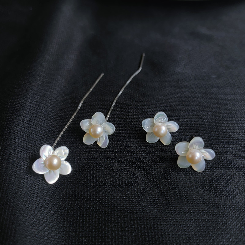 925纯银贝壳花天然淡水珍珠耳钉