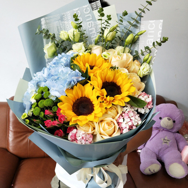 向日葵玫瑰绣球混搭花束生日教师节长春速递同城配送实体鲜花店