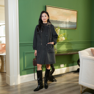 名品阁2025秋冬新款 韩系双面羊毛外套M013 连帽羊绒呢大衣女时尚