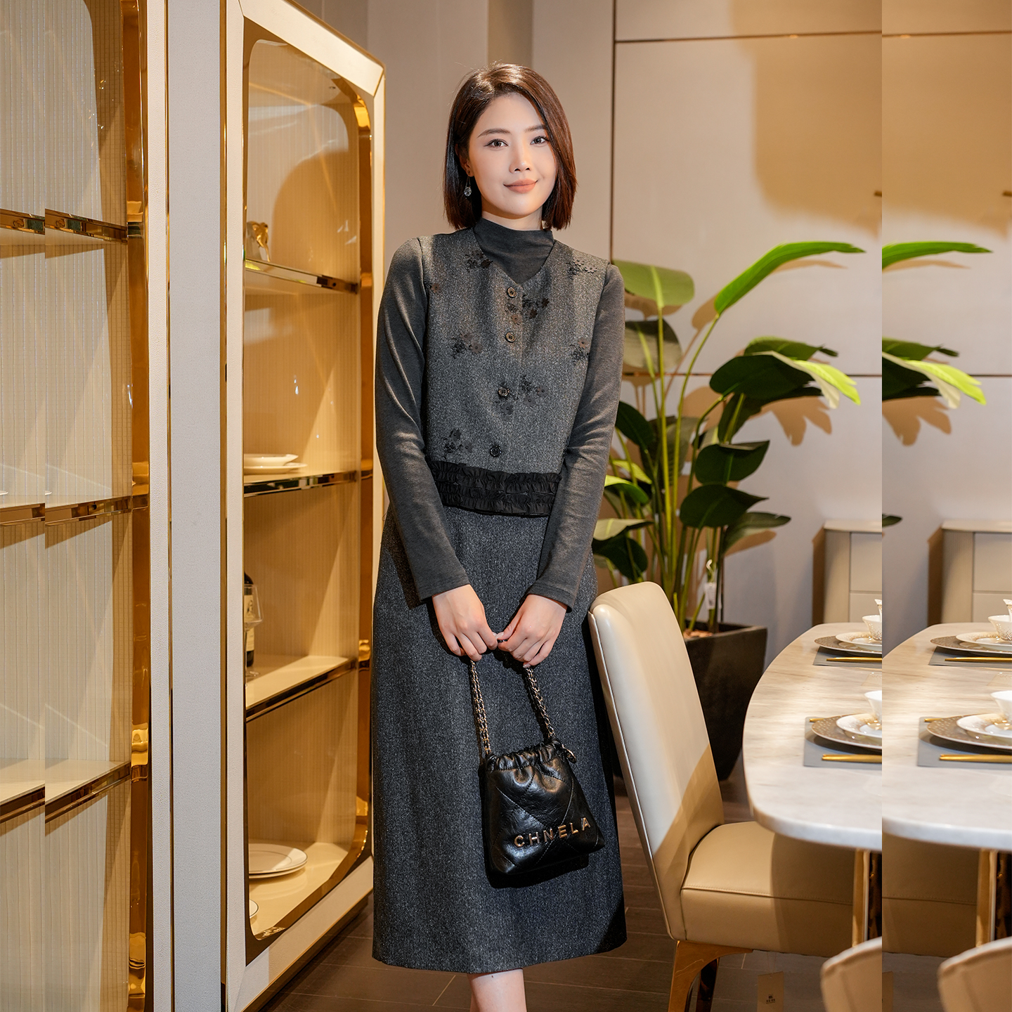 名品阁秋冬新款时尚三件套裙女减龄显瘦马甲打底衫半身裙套装D601