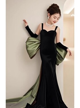 儿童晚礼服2026新款黑色女童高端轻奢感蝴蝶结拖尾双肩带走秀潮服