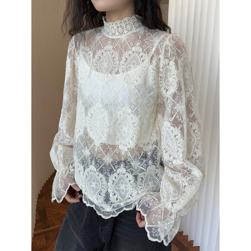 HXL春季新款法式小众设计感木耳领勾花蕾丝打底衫轻盈质感上衣女