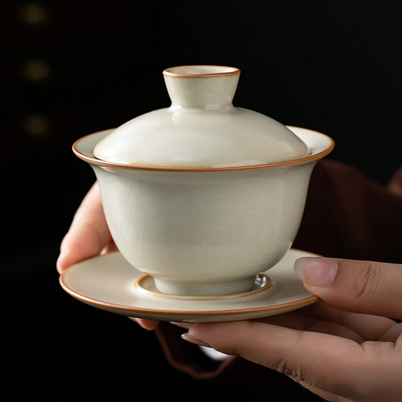 米黄汝窑三才盖碗茶杯单个防烫带盖泡茶公道杯三件套功夫茶具套装图片