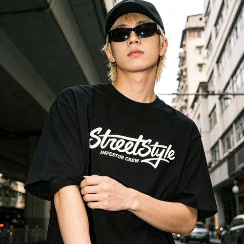 新款小众StreetStyle印花黑色白色短袖恤男夏季落肩休闲情侣半袖