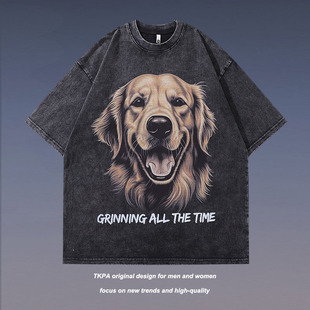 tee恤 T恤男女hiphop街舞情侣半袖 TKPA美式 嘻哈复古金毛犬印花短袖