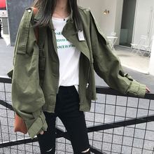 夹克长袖 休闲上衣 港风薄款 韩版 外套女2019春秋新款 宽松军绿色工装
