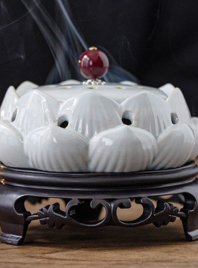莲花盘香炉茶道陶瓷焚香盒檀香