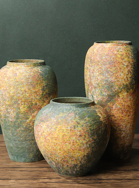 家居装饰品摆件景德镇陶瓷侘寂风干花花器新中式陶瓷花瓶绿色涂鸦