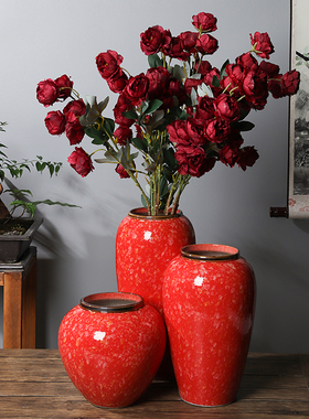 景德镇陶瓷干花花器新中式简约现代花瓶中国红金家居卧室居家装饰