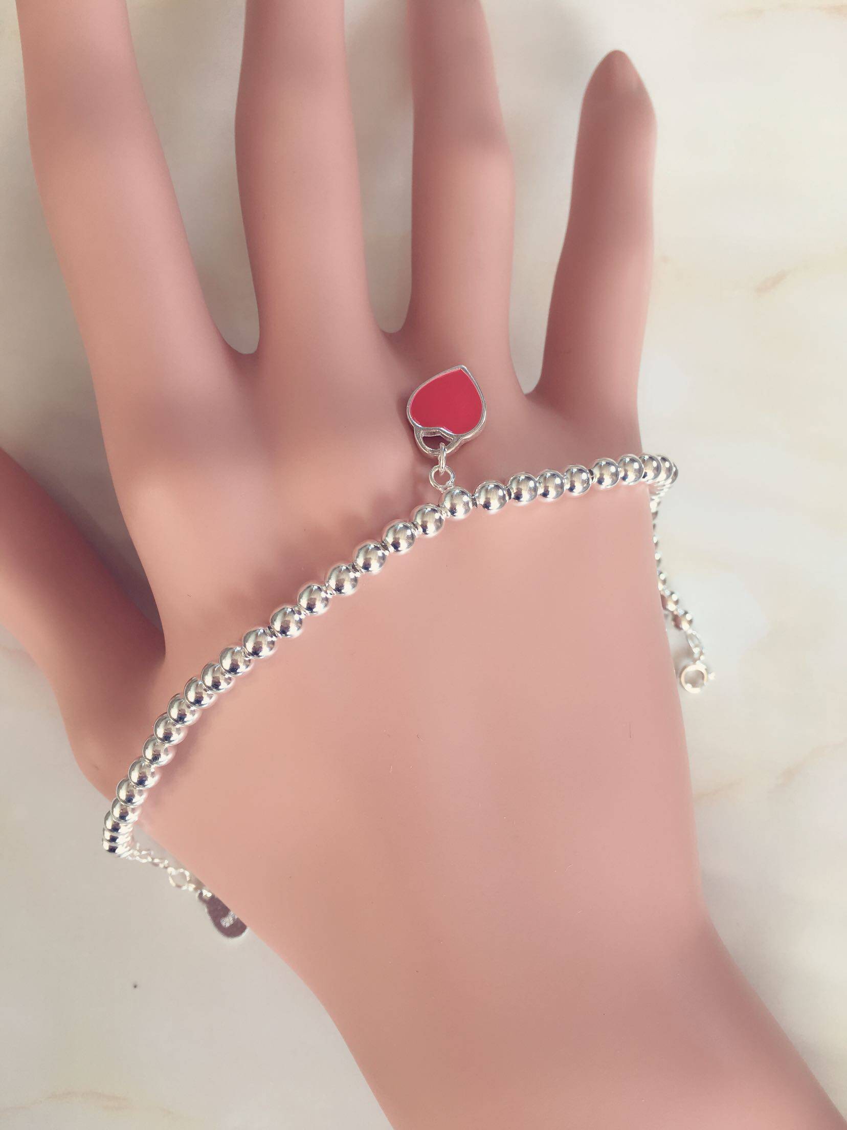 990银经典T家时尚款小红爱心圆珠纯银女手链韩版森系潮流百搭