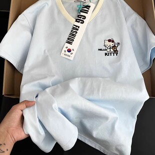 设计感小众学院风上衣 新款 撞色拼接刺绣kitty猫v领短袖 t恤女夏季