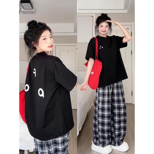 T恤宽松格子阔腿裤 女学生短袖 两件套 韩系减龄休闲运动服套装 夏季