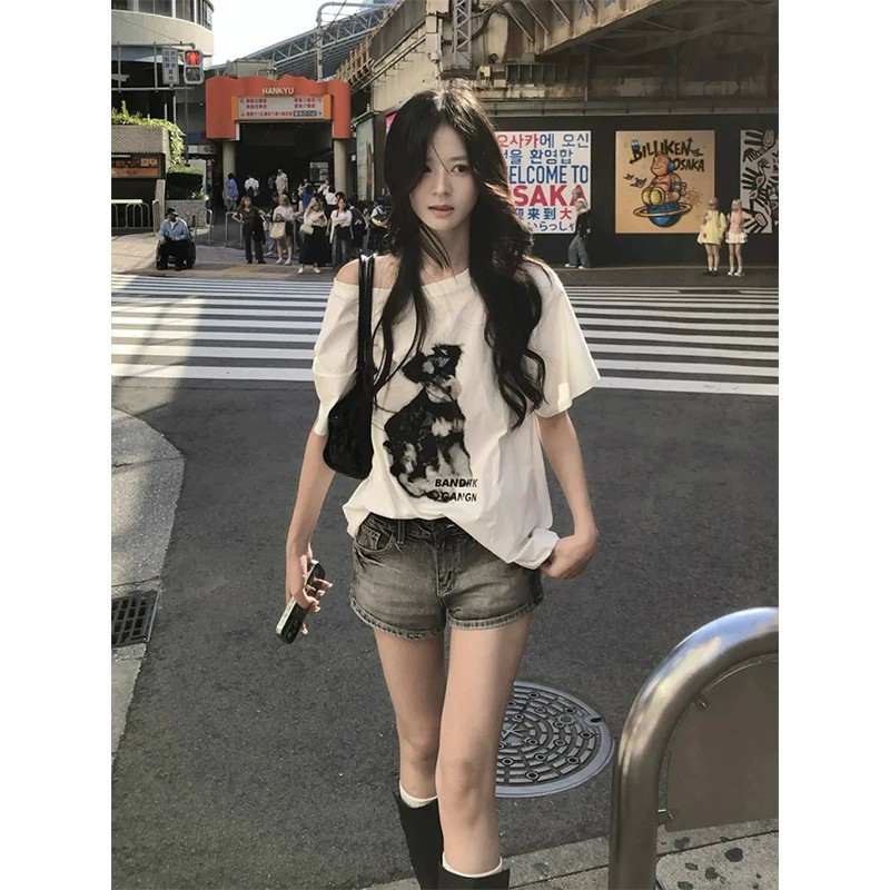 美式小狗斜肩短裤女夏季减龄套装图片
